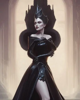 old evil queen in black leather gown, femme fatale, volouptous, busty, cleavage, angry, emperious, 8k resolution concept art portrait by Greg Rutkowski,