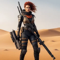 a female version of Mad Max in Dune stillsuit, holding a rifle ,in a full body dynamic pose