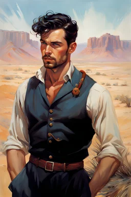 A Dark-Haired British Man 28yo With A Round Face And Full Stubble But No Beard, in the desert, by Gil Elvgren and Alex Ross and Carne Griffiths