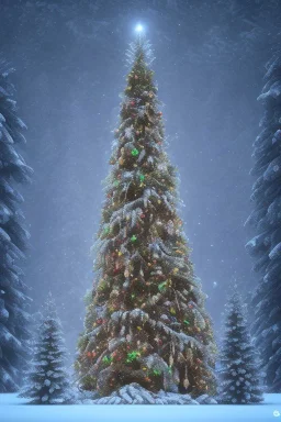 imensa árvore de natal sozinha no meio da floresta a noite, 8k, high texure, intricate, octane render