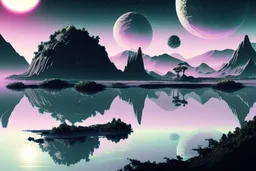 Alien landscape with grey exoplanet in the sky, Lagoon reflection, vegetation, sci-fi, concept art, movie poster, cinematic