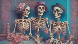 Famous Skeleton Couple Posing together wearing 1920's Hollywood Grandeur; Surreal, Intricately Detailed, Beautiful, Colorful, award-winning, high definition, ultra-detailed, beautiful, rose tones