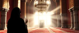 Hyper Realistic Photographic Long-Shot Back View Of A Fully Covered Muslim Young Woman Praying Inside a Beautifully Crafted Mosque With Maroon Wall And Golden Floral Patterns On It, And White Marble Pillars With Maroon Floral Patterns On It With Traditional Irani Maroon Carpet, And A Beautiful Chandelier At Beautiful Sun Rays Coming From Outside Mosque Window With Foggy Environment Inside Mosque Showing Dramatic And Cinematic Ambiance.