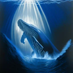 A dramatic, chiaroscuro-style acrylic painting of a powerful humpback hunting its prey in the depths of the ocean, with stark contrasts between light and shadow to emphasize the intensity and raw beauty of the scene