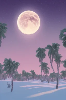 1980's aesthetic vaporwave palm trees with lighting with moon in the winter snow