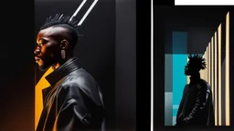 split image; left image: acrylic minimal painting of an african cyberpunk wizard with mohawk hairdo; right image: shadows cast on wall of black glass slabs; overheat, dramatic, cinematic, sudden jolt dynamics, cyberpunk wear, afro-futurism, sharp shadows, harsh contrasts, great verticals, great parallels, great reflections, unsettling shadows, surreal futurist architecture art, surreal liminal space, tribal style, tribal vibe, tribal patterns, vivid black colors