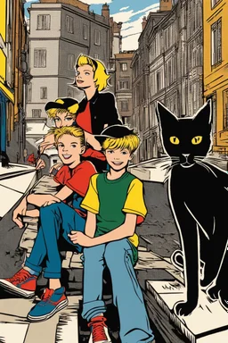 Three teenage street children two boys and one punk girl in book-cover poses on the screen of an old town plus a black cat as a companion, dark graphic style, Roy Fox Lichtenstein style