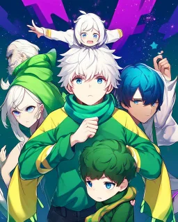 Young boy aged 14, determined, has short white hair, wears a green t-shirt with yellow stripes, wears a scarf with the colors of the rainbow, He is sad but looks ahead with a determined look, has light blue eyes, stars behind the character, and a colorful aura.