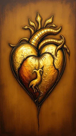 Bosch style painting , heart of gold metallic heart in details on brown background