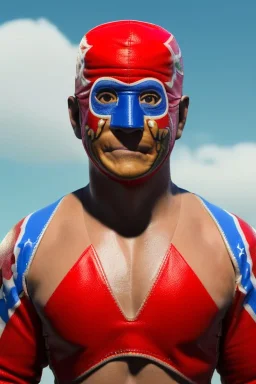 realistic image of joe biden as a mexican wrestling fighter posing, Mexican eyes wrestling mask, red and blue breeches, retro style, 80s, vibrant color, highly detailed, sky background, concept art, unreal engine 5, god rays, ray tracing, RTX, lumen lighting, ultra detail, volumetric lighting, 3d, finely drawn, high definition, high resolution.