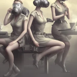 cute girls sitting at the computer in military gas masks. one of the girls is sticking out of the canale grande