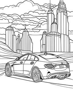 back Outline art, no shading, full Mercedes on the road, cartoon style, thick lines, low details, --ar 9:11