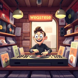 3-d render cartoonish classic inside a dj vinyl record shop record store