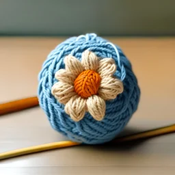flower-shaped wool ball, crossed by two crochet hooks. front view