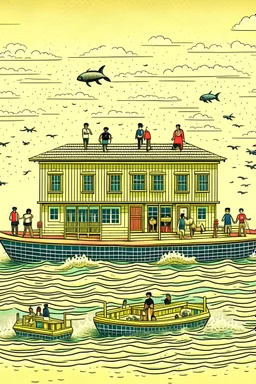 A building floating above the sea, people sitting in the boat wanting to enter the building, and fish rushing into the sea