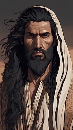 An Arab man in the desert, tall and strong, with long black hair and a thick beard. A long face, a large nose, a thick face, and sharp black eyes. A solid and muscular body with a strong build.