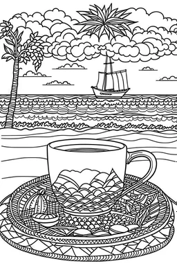 Outline art for coloring page, TEACUP SET AT THE BEACH, coloring page, white background, Sketch style, only use outline, clean line art, white background, no shadows, no shading, no color, clear