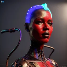 pretty Haiti cyber woman, cold ambient, latex, cables, purpurin, blood, black, gold, piercings, brown, decorative color feathers, circuits, neon style, a lot of led lights, fog, rain, vibrant color, highly detailed, art stations, concept art, smooth, unreal engine 5, god rays, ray tracing, RTX, lumen lighting, ultra detail, volumetric lighting, 3d, finely drawn, high definition, high resolution.