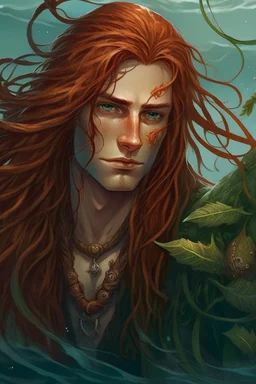 determined wet pirate nereid male with seaweed in long auburn hair