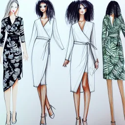 Croquis, wrap dress, white with fern leaf print, long sleeves, fashion illustration, sketch, drawing, pencil, black model