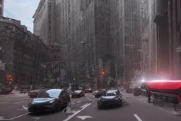 A Tesla 'Semi' (semi truck) is going at a high speed, on 'Wall Street', in New York. (CINEMATIC, WIDE ANGLE LENS, PHOTO REAL)