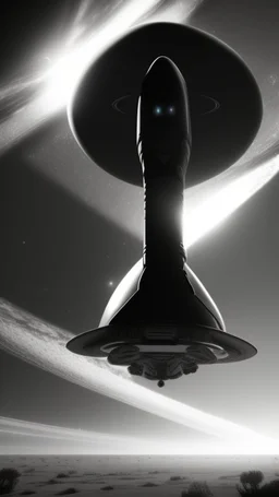 A land filled with a lot of aliens in a bright light at the end of the picture a huge spacecraft object hovering above , cinematic, 8k, in black and white, fine line draw