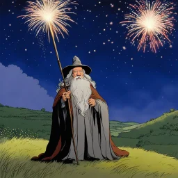(shot of a movie by Moebius) Jean Rochefort as Gandalf the Istari, a twinkle in his eyes as he joined in the mirth. he plays with fireworks, he sits on the top of a small hill in the Shire