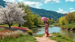 country side ,river side ,bloosoming trees and flowers ,beautifull lady gracefully walking