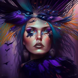 #Leonardai Starling , photorealistic ,pop surreal , lowbrow art ,enchanting portrait of a beautiful mature woman,representing a starling , feathers in her hair ,black and vibrant colors , sweet , magical , cosy warm light , whimsical, alluring , dazzling ,, expressive