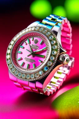 Picture a pink Rolex watch, with its diamond-encrusted bezel catching the sunlight and scattering a thousand little rainbows in all directions. It's a dazzling display of opulence."