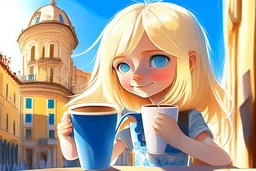 contented cute blonde blue eyed chibi girl drinking coffee in Italy in sunshine