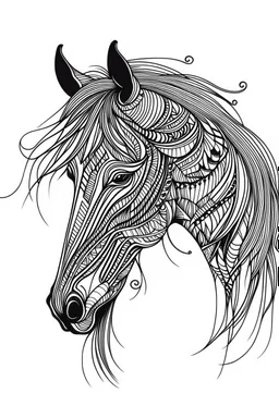 symetrical realistic horse head tattoo idea, line art, background, vector, svg, black outline on white background, leave plenty of white space beetween lines for coloring, tattoo style, tattoo idea,full body, minimalist