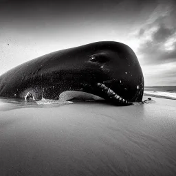 b&w photograph of beautiful sperm whale washed up on shore, face view, lifeless, debris, foamy wave, sand, rock, 8k resolution, high-quality, fine-detail, detailed matte, photography, illustration, digital art, Jeanloup Sieff, Marc Adamus, Ann Prochilo, Romain Veillon