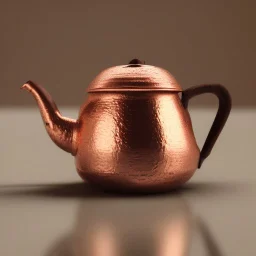 The reflection of a child on the surface of an old copper teapot