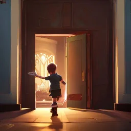 Little boy walks into a magic door at the side of a building by Nick Harris