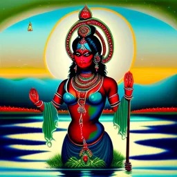 An oil painting of goddess Kali crossing a lake