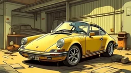 vintage porche 911, faded yellow paint, in a garage in a city, cartoon style