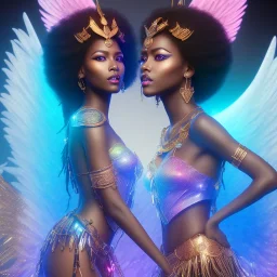 full body shot, masterpiece, best quality, black skinned, sparkling eyes, long hair, gorgeous African Fairy queen,wings,fluorescent skin,light blue makeup,synthwave, light indigo, trasparent , irridescent, highly detailed body, sun light, 4K, RAW, depth of field, high contrast, realistic details, 24mm vaporwave aesthetic, synthwave, artstation, concept art, smooth, extremely sharp detail, finely tuned detail, ultra high definition, 8 k, unreal engine 5, ultra sharp focus