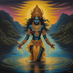 An oil painting of goddess Kali crossing a lake, neon gold colors, high detail eyes,