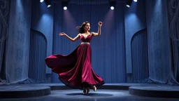 modern stage with gray-blue theme artistic decoration , color full dynamic lighting, a beautiful lady in modern maxy dark purple red dress with shining silver jwells dancing, 3D recursive fractal structure animating background