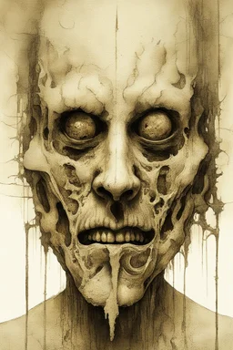 The face of a prisoner man with iron lucked on his mouth . Scary face , all in white texture decayed and rotting with grotesque proportions and imagery. abstract grotesqueries, detailed texture, surreal horror, biomechanical design, by hr giger and beksinski