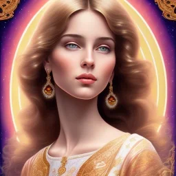  beautiful, holy and divine and elite very young european female cleric face portrait, detailed eyes, hair and flowers, cosmic ambiance , 8k