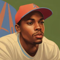 realistic image ; portrait view; light brown skin, in a baseball cap and light t/shirt; vivid colors, and clean lines