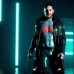 Actor, tom hardy, blade runner style, rain, fog, neon ambient, gradient color, clean skin, circuits, latex coat, cyber punk, neon, tubes, portrait, studio photo, unreal engine 5, smooth color, 16 bit, god lights, ray tracing, RTX, lumen lighting, ultra deatail, volumetric lighting, 3d, finely drawn, hd.