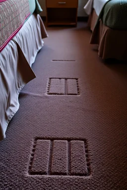 cheap motel room floor, square bed leg imprints in carpet, showing that furniture had been moved