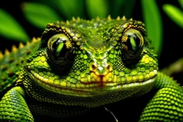 Macro photography, national geographic, symmetrical close-up portrait shoot in green jungle of an expressive lizard, anamorphic lens, ultra realistic, green-core, junglecore --ar 16:9 --style raw