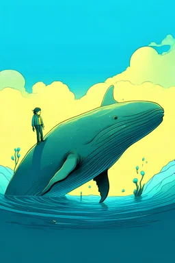 a underwater view of a whale and a kid on top of the whale just outside of the water. illustration.