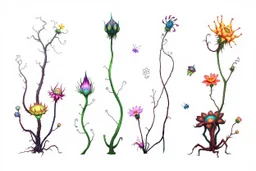 Isolated concept art of alien plants on a plain neutral background. Strange fictional extraterrestrial flora with unusual shapes, glowing details, thorns, spines, tendrils, and exotic flowers. Each plant designed with unique silhouette and fantasy colors, digital painting style, detailed textures, science fiction botanical illustration, no background, no landscape.