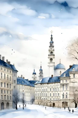Paint a picturesque scene of a majestic white city under a serene winter sky. Show diverse architectural wonders blending modernity with timeless elegance, with a distinguished clock tower dominating the skyline. Let snow-covered streets and rooftops add tranquility, while hinting at the bustling life within. Highlight a prominent building and castle against the sky, evoking the city's rich history and the allure of both past and future amidst the beauty of winter's touch
