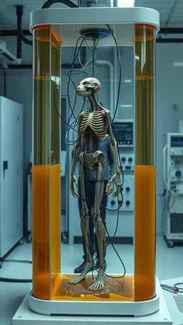 Sleeper in tube cabinet made of glass filled to the top with honey coloured liquid , in a laboratory inside it a creature body standing vertically , connected with wires and electrical wires , the human standing in side, a high tech equipment in the background ,4K, cinematic, high resolution